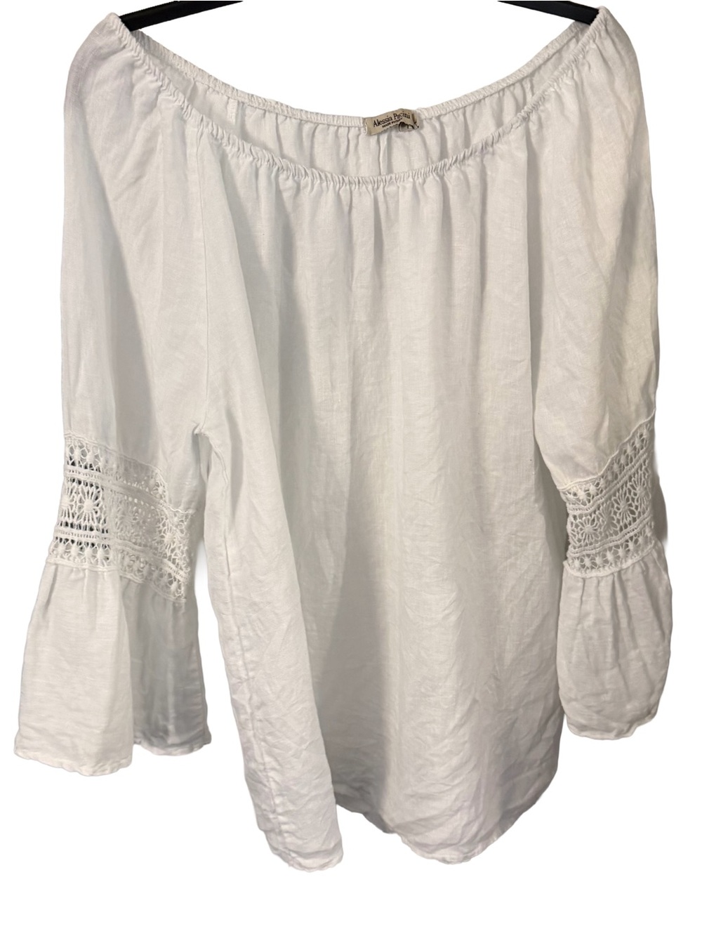 Alessia Pacini Italy White Linen Peasant Blouse Trumpet Sleeve Crochet Sz L